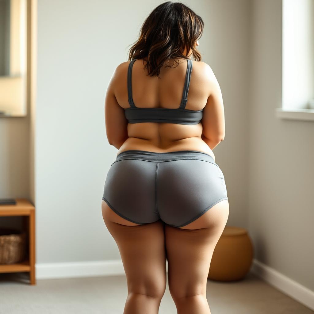 A young, chubby adult woman with a huge, prominent backside, wearing very short, tight sports shorts that highlight her extremely wide and big thighs