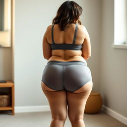 A young, chubby adult woman with a huge, prominent backside, wearing very short, tight sports shorts that highlight her extremely wide and big thighs