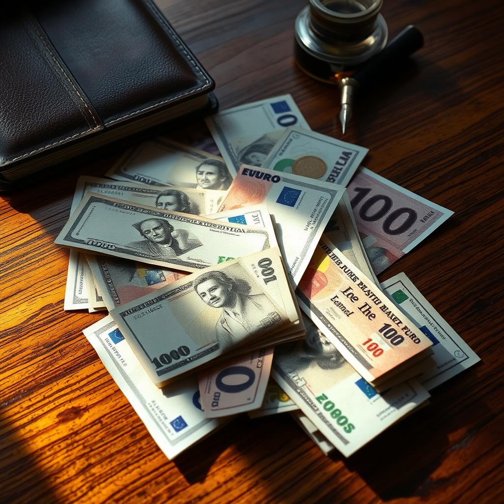 A meticulously detailed depiction of various currencies such as US dollars, Euros, and Yen scattered over a luxurious wooden desk with a sophisticated patina