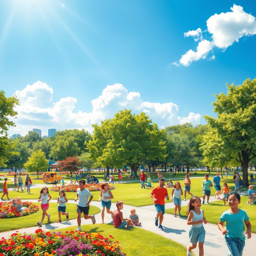 A vibrant and lively depiction of a sunny day in a bustling city park