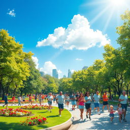 A vibrant and lively depiction of a sunny day in a bustling city park