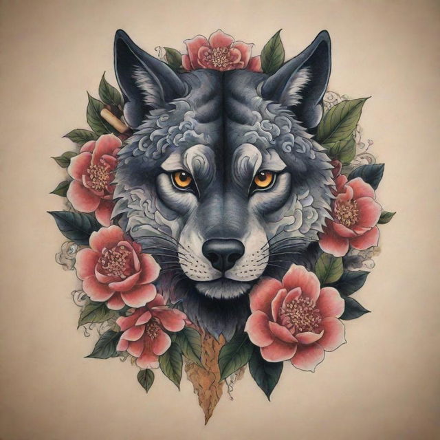 A powerful, intricate tattoo featuring a raging bull, a prowling wolf, a panther on the hunt, a swooping bat, a coiled snake, a rushing shark, and a Camellia in full bloom. All elements combined to achieve balance and harmony.