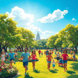 A vibrant and lively depiction of a sunny day in a bustling city park