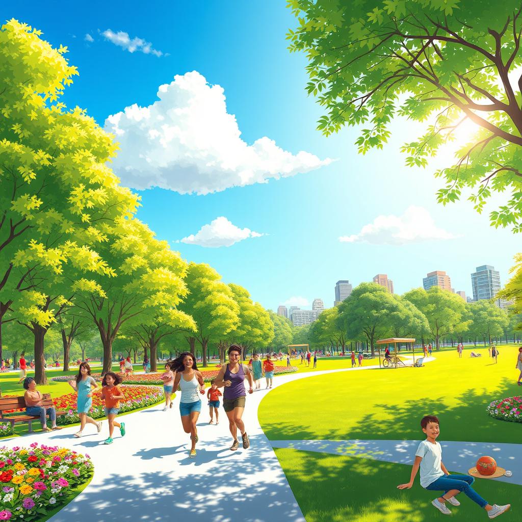 A vibrant and lively depiction of a sunny day in a bustling city park