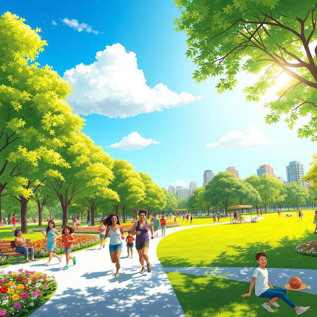 A vibrant and lively depiction of a sunny day in a bustling city park