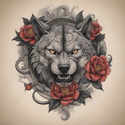 A powerful, intricate tattoo featuring a raging bull, a prowling wolf, a panther on the hunt, a swooping bat, a coiled snake, a rushing shark, and a Camellia in full bloom. All elements combined to achieve balance and harmony.