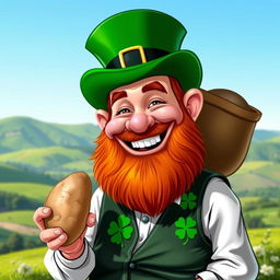 A caricature of an Irish man holding a potato, wearing a green top hat and a shamrock-patterned vest, smiling warmly