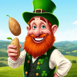 A caricature of an Irish man holding a potato, wearing a green top hat and a shamrock-patterned vest, smiling warmly