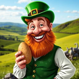 A caricature of an Irish man holding a potato, wearing a green top hat and a shamrock-patterned vest, smiling warmly