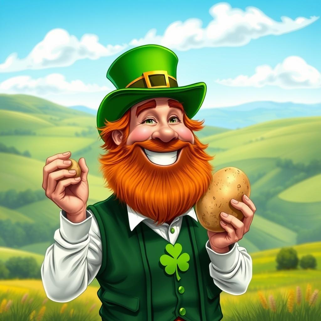 A caricature of an Irish man holding a potato, wearing a green top hat and a shamrock-patterned vest, smiling warmly