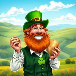 A caricature of an Irish man holding a potato, wearing a green top hat and a shamrock-patterned vest, smiling warmly