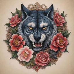 A powerful, intricate tattoo featuring a raging bull, a prowling wolf, a panther on the hunt, a swooping bat, a coiled snake, a rushing shark, and a Camellia in full bloom. All elements combined to achieve balance and harmony.