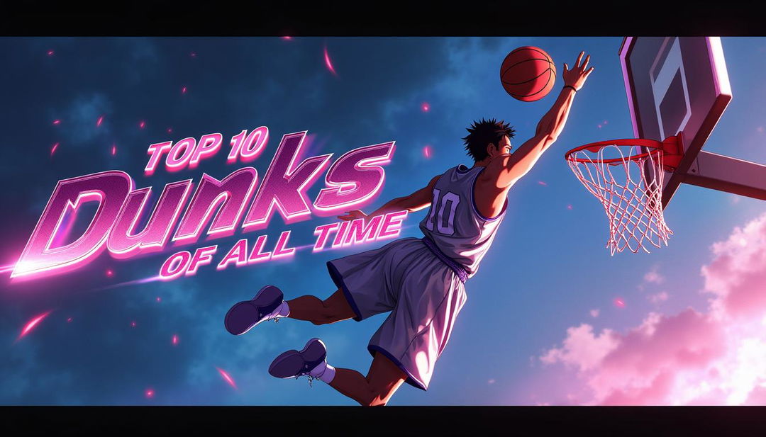 A cinematic YouTube thumbnail, anime-inspired, showcasing an electrifying basketball dunk