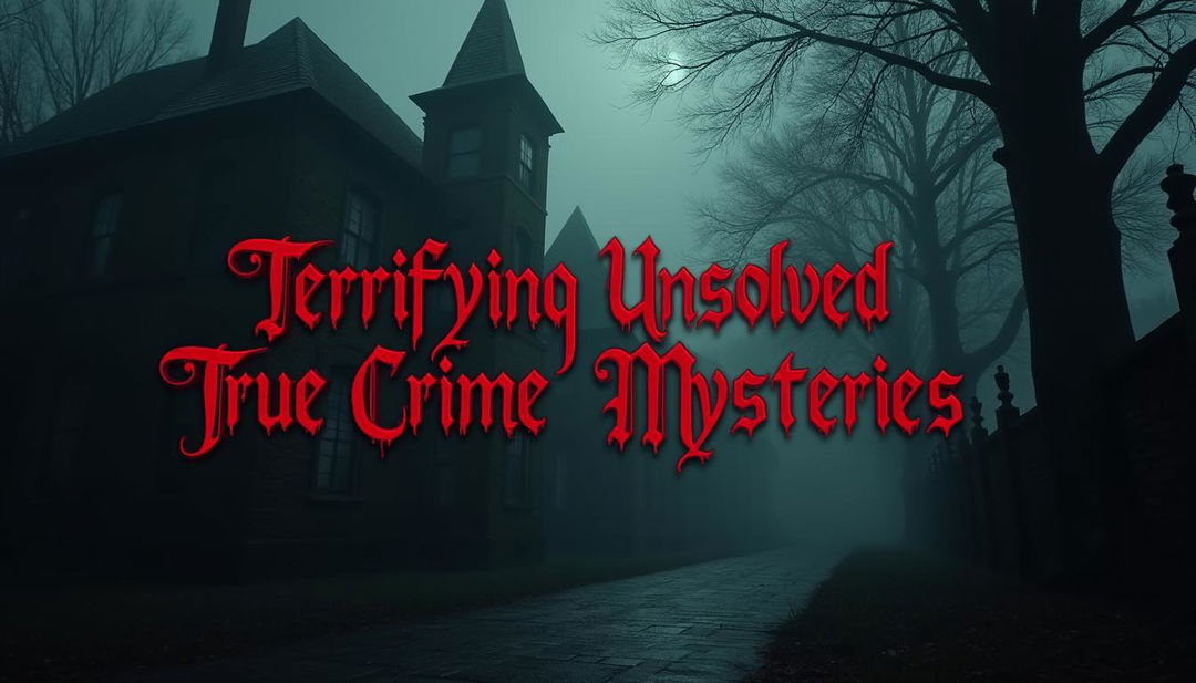 A cinematic and visually striking YouTube thumbnail for a video titled 'Terrifying Unsolved True Crime Mysteries'