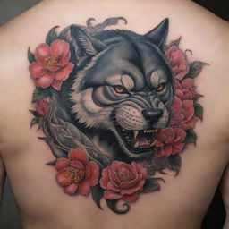 A powerful, intricate tattoo featuring a raging bull, a prowling wolf, a panther on the hunt, a swooping bat, a coiled snake, a rushing shark, and a Camellia in full bloom. All elements combined to achieve balance and harmony.