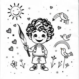 A monochromatic children's book cover illustration featuring Romero, a young boy with curly hair and a big smile