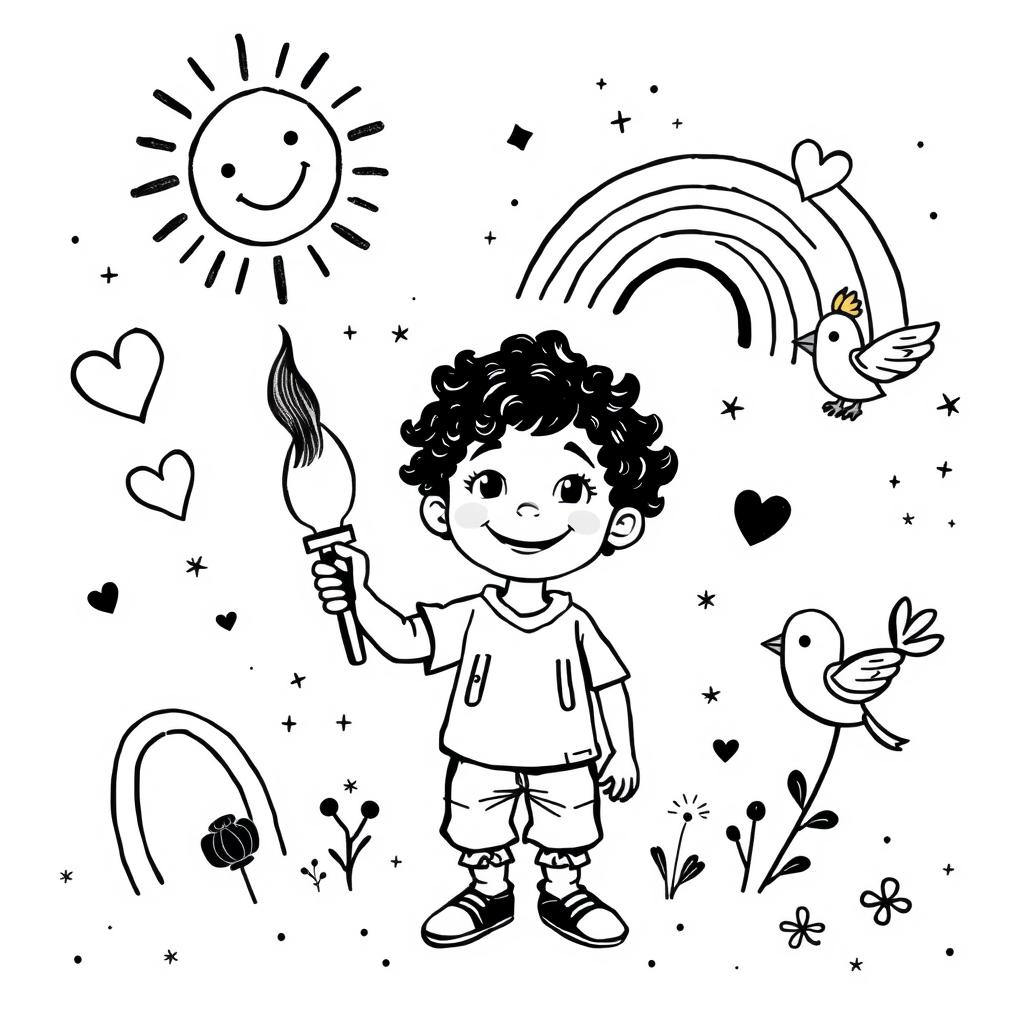 A monochromatic children's book cover illustration featuring Romero, a young boy with curly hair and a big smile