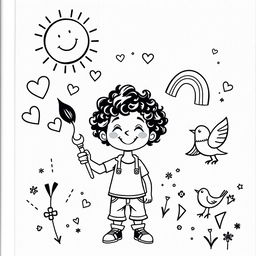 A monochromatic children's book cover illustration featuring Romero, a young boy with curly hair and a big smile