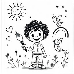 A monochromatic children's book cover illustration featuring Romero, a young boy with curly hair and a big smile