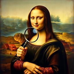 Mona Lisa with a magnifying glass, set in the style of her famous portrait