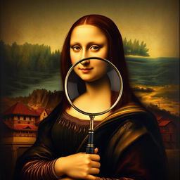 Mona Lisa with a magnifying glass, set in the style of her famous portrait