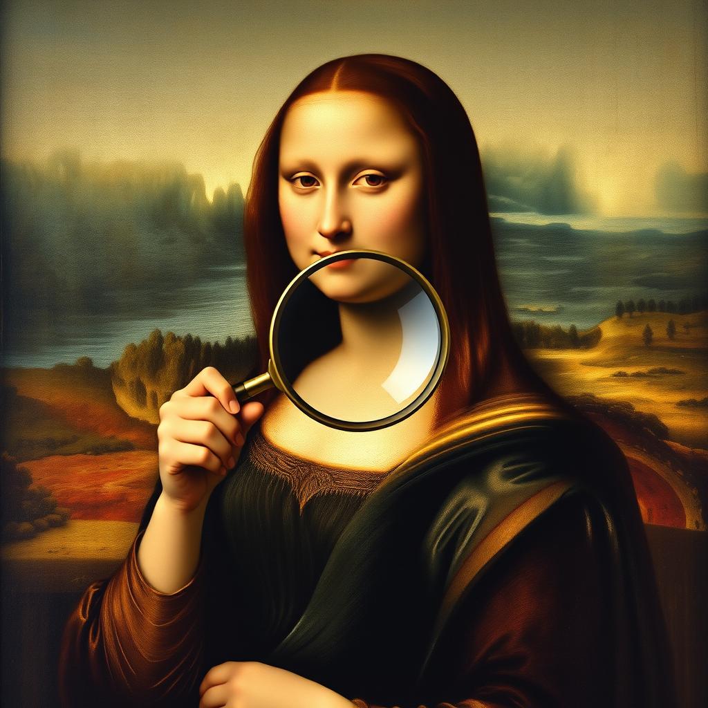 Mona Lisa with a magnifying glass, set in the style of her famous portrait