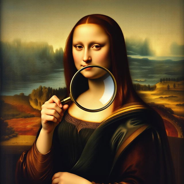 Mona Lisa with a magnifying glass, set in the style of her famous portrait