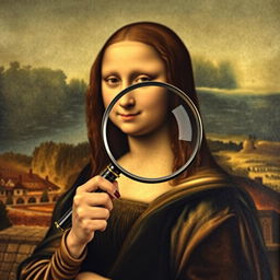 Mona Lisa with a magnifying glass, set in the style of her famous portrait