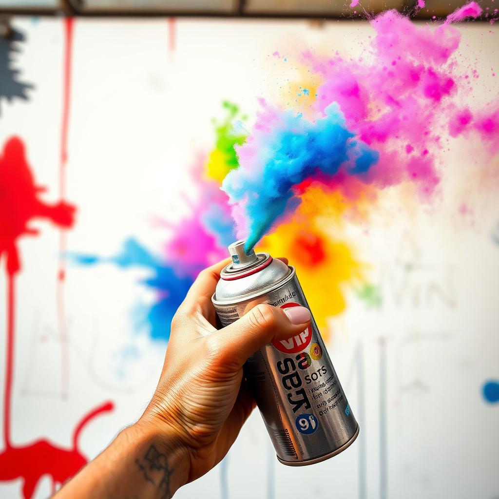 A vibrant and artistic scene featuring an aerosol spray can on the verge of releasing colorful paint