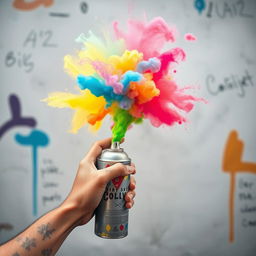 A vibrant and artistic scene featuring an aerosol spray can on the verge of releasing colorful paint