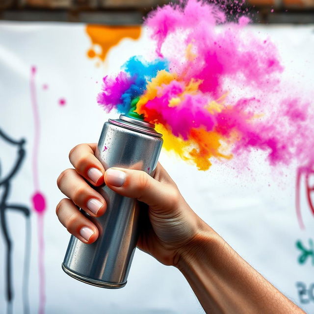 A vibrant and artistic scene featuring an aerosol spray can on the verge of releasing colorful paint