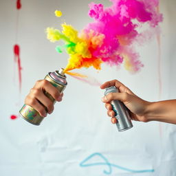 A vibrant and artistic scene featuring an aerosol spray can on the verge of releasing colorful paint