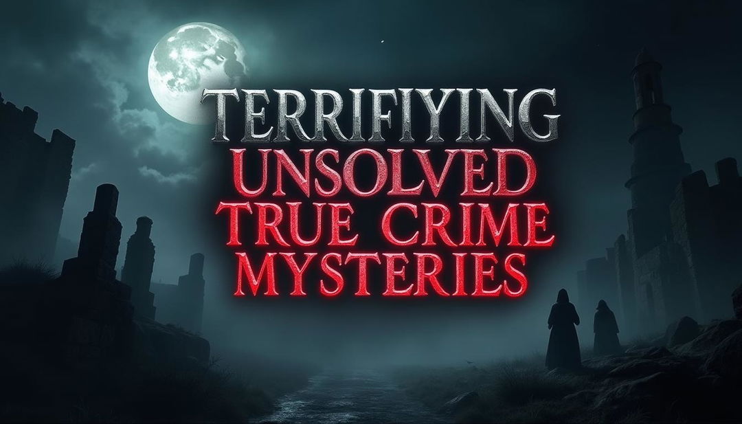 A spellbinding and cinematic YouTube thumbnail designed for the title 'Terrifying Unsolved True Crime Mysteries'