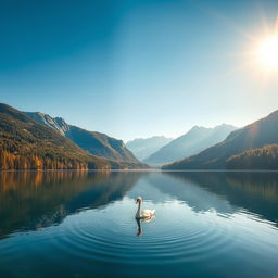 A scenic landscape featuring a large, serene lake surrounded by lush forests, with majestic mountains in the background under a clear blue sky