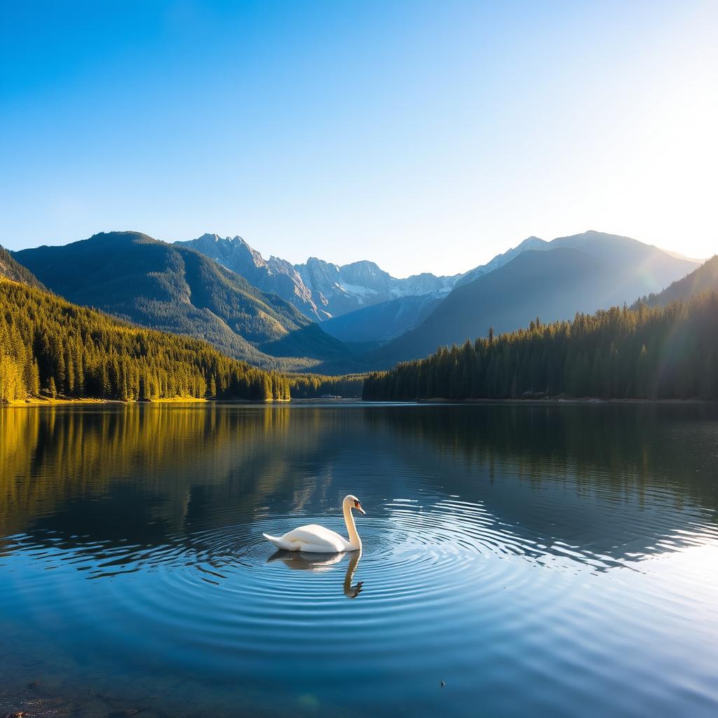 A scenic landscape featuring a large, serene lake surrounded by lush forests, with majestic mountains in the background under a clear blue sky