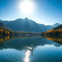 A scenic landscape featuring a large, serene lake surrounded by lush forests, with majestic mountains in the background under a clear blue sky