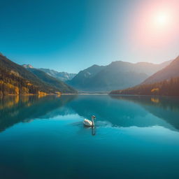 A scenic landscape featuring a large, serene lake surrounded by lush forests, with majestic mountains in the background under a clear blue sky