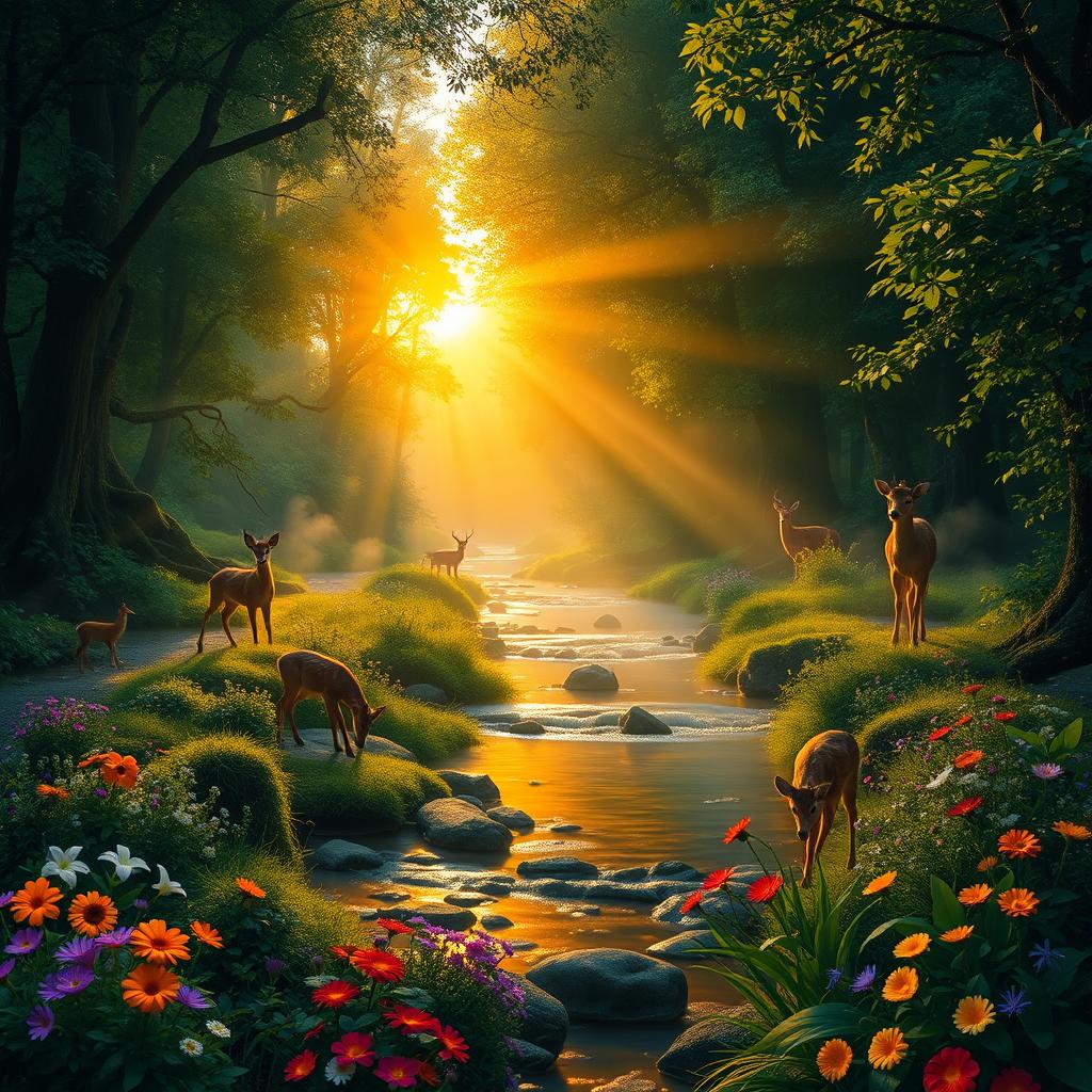 A breathtaking scene depicting a lush, vibrant forest at the break of dawn