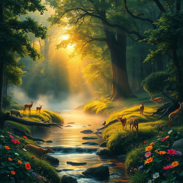 A breathtaking scene depicting a lush, vibrant forest at the break of dawn