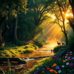 A breathtaking scene depicting a lush, vibrant forest at the break of dawn