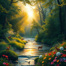 A breathtaking scene depicting a lush, vibrant forest at the break of dawn