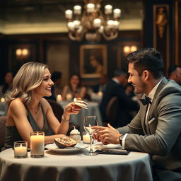 An elegantly dressed blonde woman and a smartly dressed man sitting opposite each other in a posh gourmet restaurant, sharing a dessert