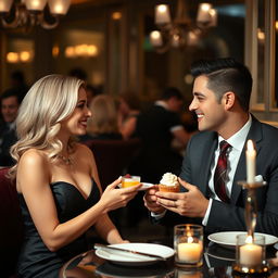 An elegantly dressed blonde woman and a smartly dressed man sitting opposite each other in a posh gourmet restaurant, sharing a dessert