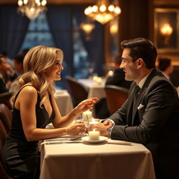 An elegantly dressed blonde woman and a smartly dressed man sitting opposite each other in a posh gourmet restaurant, sharing a dessert