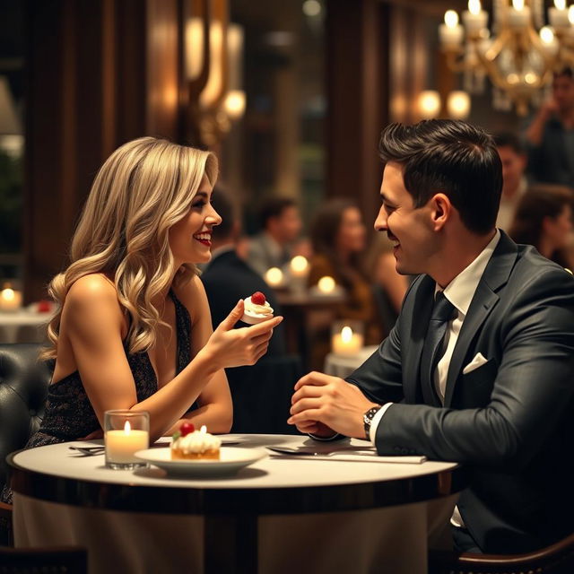 An elegantly dressed blonde woman and a smartly dressed man sitting opposite each other in a posh gourmet restaurant, sharing a dessert