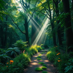 Beautiful green forest, filled with dense foliage and tall trees, sunlight piercing through the canopy, casting magical beams of light on the forest floor, creating a serene and mystical atmosphere