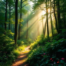 Beautiful green forest, filled with dense foliage and tall trees, sunlight piercing through the canopy, casting magical beams of light on the forest floor, creating a serene and mystical atmosphere