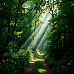 Beautiful green forest, filled with dense foliage and tall trees, sunlight piercing through the canopy, casting magical beams of light on the forest floor, creating a serene and mystical atmosphere