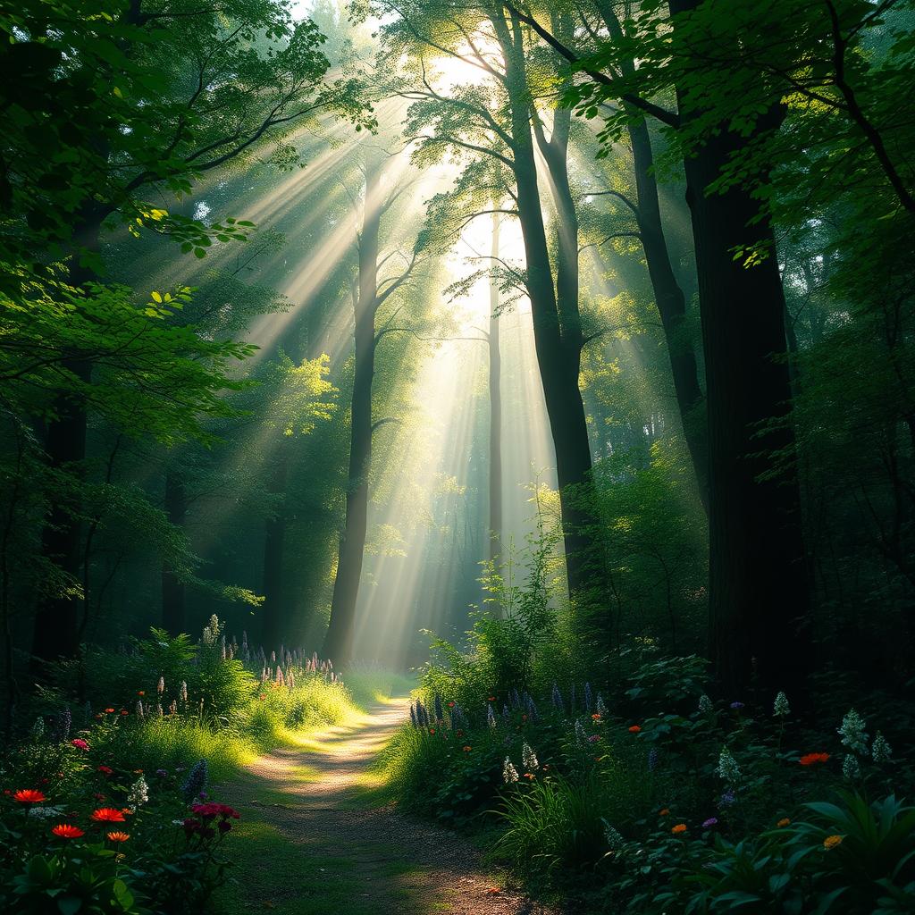 Beautiful green forest, filled with dense foliage and tall trees, sunlight piercing through the canopy, casting magical beams of light on the forest floor, creating a serene and mystical atmosphere