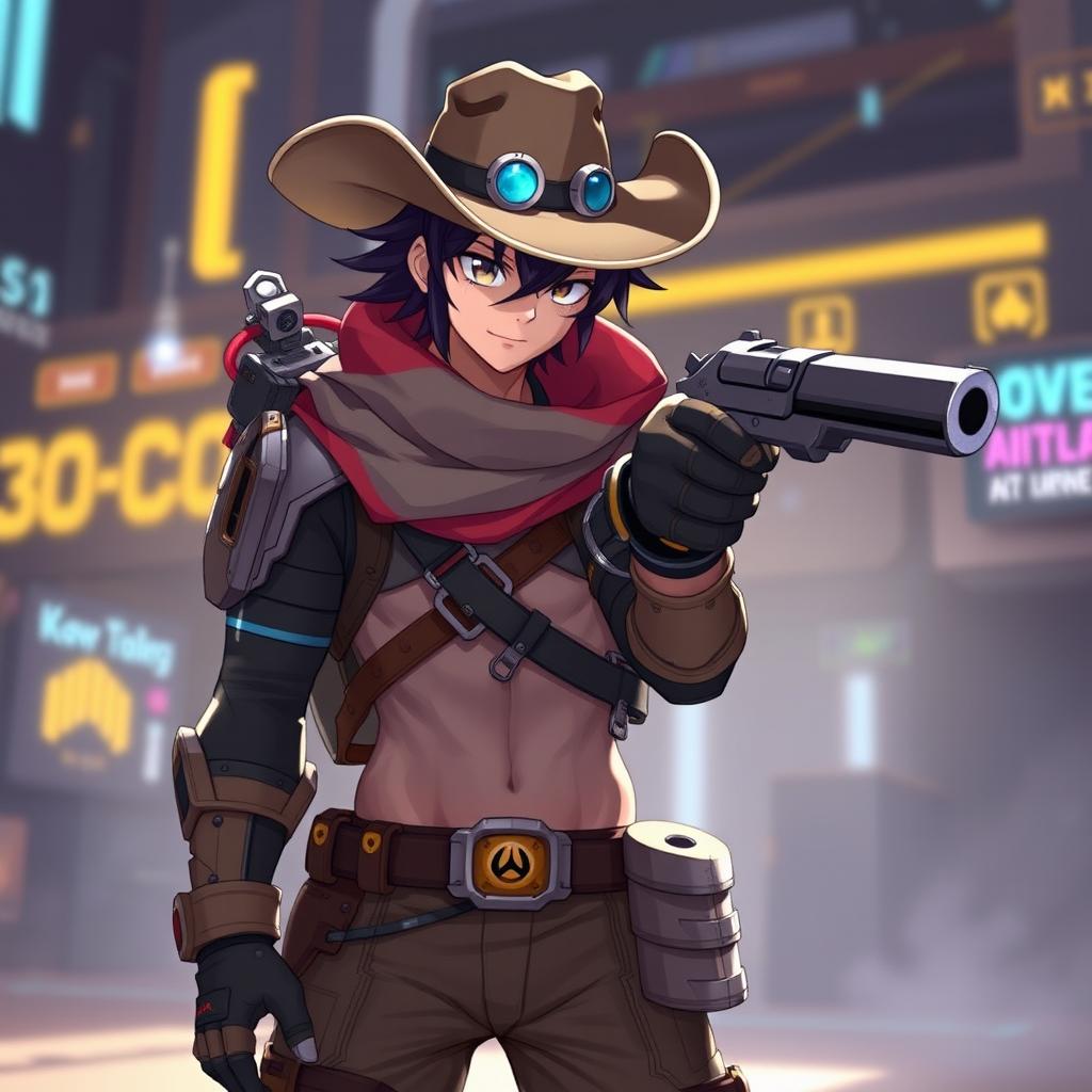 A character inspired by Sinon from Sword Art Online Alicization but reimagined as a male, blended with elements of McCree from Overwatch